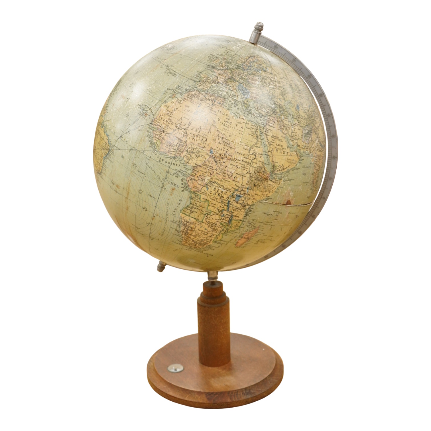A mid 20th century 12 inch terrestrial globe on an oak base with integrated compass, the globe printed with; ‘Printed in Germany’, overall height 55cm